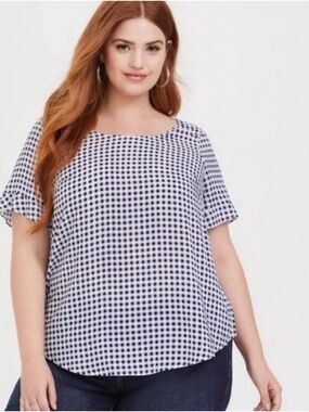 Torrid Blue Gingham Check Blouse Size 5 Plus Keyhole Back Flutter Sleeve Flowy